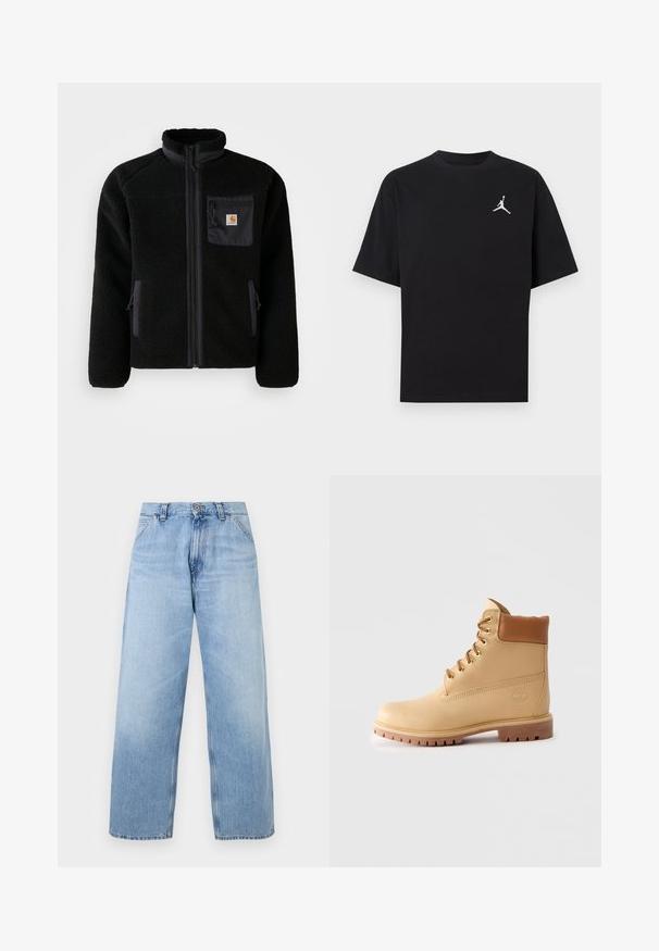 Veste en polaire noire avec fermeture éclair à l'avant, col haut et tissu texturé. Elle dispose d'une poche sur la poitrine et de poches latérales avec fermetures éclair.; T-shirt en coton noir à manches courtes, avec un logo Jumpman blanc sur la poitrine gauche. Col rond, coupe régulière et texture lisse.; Jean en denim bleu clair à jambes larges avec poches avant, passants pour ceinture, fermeture par bouton, et détails délavés.; Bottes ankle en cuir marron clair avec col rembourré, œillets dorés, lacets tan et semelle crantée épaisse sur fond clair.