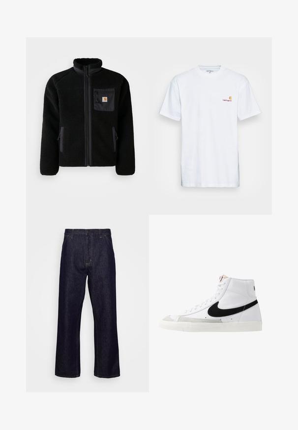 Sort fleecejakke med lynlås foran, høj krave og struktureret stof. Har en brystlomme og sidelommer med lynlåse.; Hvid bomulds t-shirt med korte ærmer. Designet med et lille orange og maroon logo på venstre bryst. Har en klassisk rund hals.; Mørkeblå lige ben denim jeans med forlommer, bæltestropper, lynlås og knaplukning, præsenteret foran en simpel hvid baggrund.; Hvide høje sneakers med et sort swoosh, struktureret grå tåhætte og flad hvid sål. Har seks snørrehuller og syede detaljer.