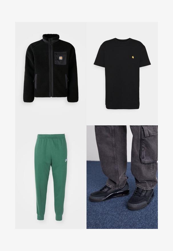 Zwarte fleecejack met een ritssluiting aan de voorkant, hoge kraag en textielstructuur. Voorzien van een borstzak en zijzakken met ritssluitingen.; Zwarte katoenen t-shirt met korte mouwen, ronde hals en een klein geel logo op de linker borst. Eenvoudig ontwerp en normale pasvorm.; Nike Sportswear CLUB JGGR - Trainingsbroek - fir/white; Zwarte sportieve schoenen met een gestructureerd oppervlak, gladde accenten en een chunky zool, gecombineerd met donkere, loszittende cargo pants.