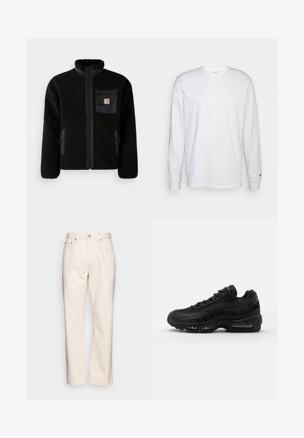 Schwarze Fleecejacke mit Reißverschluss vorne, hohem Kragen und strukturiertem Material. Verfügt über eine Brusttasche und seitliche Taschen mit Reißverschluss.; Weißes Langarm-T-Shirt aus Baumwolle. Rundhals-Design mit gerippten Bündchen und kleinem Logo auf dem linken Ärmel. Glatte Textur.; Cremefarbene Denim-Jeans mit geradem Bein. Verfügt über fünf Taschen, einen vorderen Knopfverschluss und kontrastierende Nähte.; Nike Sportswear AIR MAX 95 ESSENTIAL - Sneaker low - black/dark grey