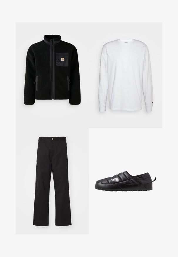 Schwarze Fleecejacke mit Reißverschluss vorne, hohem Kragen und strukturiertem Material. Verfügt über eine Brusttasche und seitliche Taschen mit Reißverschluss.; Weißes Langarm-T-Shirt aus Baumwolle. Rundhals-Design mit gerippten Bündchen und kleinem Logo auf dem linken Ärmel. Glatte Textur.; Schwarze Hose aus strapazierfähigem Material mit geradem Schnitt, ausgestattet mit einem vorderen Knopfverschluss, Gürtelschlaufen und ohne sichtbare Muster oder Akzente.; Schwarzer Slipper mit gestepptem Design, aus gepolstertem Material gefertigt. Verfügt über eine strukturierten Gummisohle und eine kleine Lasche hinten.