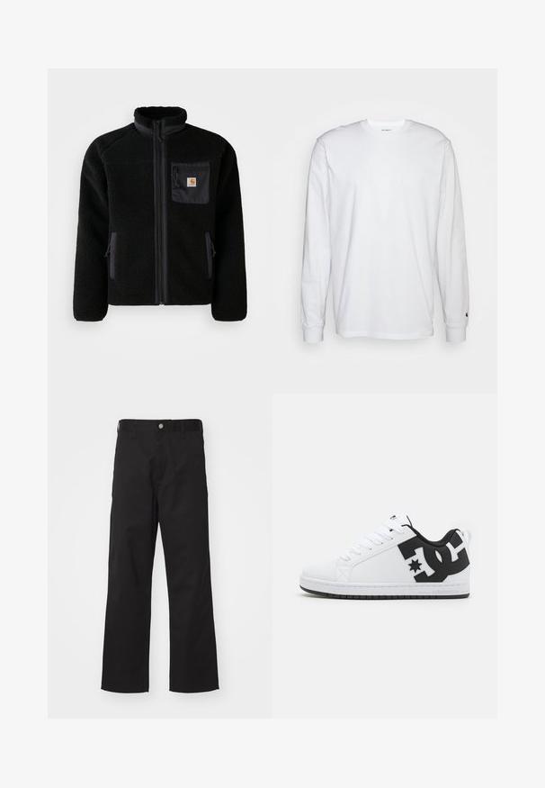 Veste en polaire noire avec fermeture éclair à l'avant, col haut et tissu texturé. Elle dispose d'une poche sur la poitrine et de poches latérales avec fermetures éclair.; T-shirt blanc à manches longues en coton. Design à col rond avec des poignets côtelés et un petit logo sur la manche gauche. Texture lisse.; Pantalons noirs en tissu durable avec une coupe droite, dotés d'une fermeture à bouton à l'avant, de passants de ceinture et sans motifs ni accents visibles.; Baskets blanches avec un dessus synthétique lisse, ornées d'accents de logo noirs et d'une semelle en caoutchouc. Design à lacets, forme de bout arrondi.