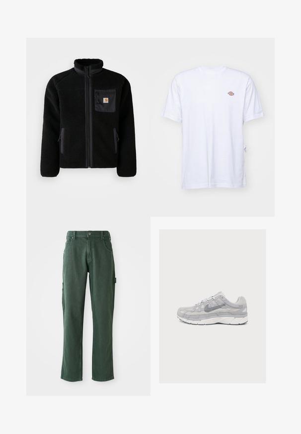 Veste en polaire noire avec fermeture éclair à l'avant, col haut et tissu texturé. Elle dispose d'une poche sur la poitrine et de poches latérales avec fermetures éclair.; T-shirt en coton blanc avec un col en V et des manches courtes. Présente un petit logo coloré brodé sur la poitrine gauche. Texture douce.; Pantalons cargo verts en mélange coton, avec une coupe droite, des poches et des coutures ton sur ton. Texture lisse avec un éclat subtil.; Chaussure de course Nike gris clair avec empiècements en mesh et en suède, semelle blanche épaisse et logo Swoosh sur le côté, présentée de profil sur un fond uni.