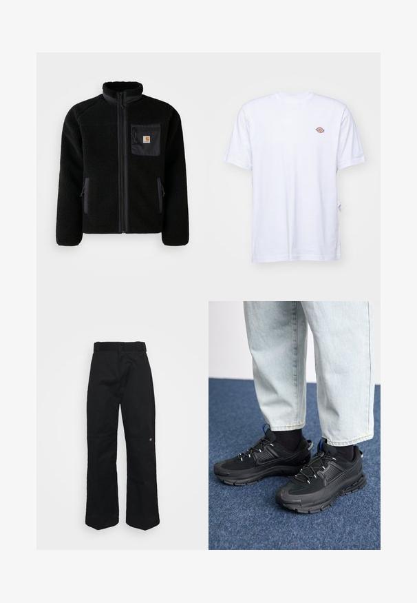 Veste en polaire noire avec fermeture éclair à l'avant, col haut et tissu texturé. Elle dispose d'une poche sur la poitrine et de poches latérales avec fermetures éclair.; T-shirt en coton blanc avec un col en V et des manches courtes. Présente un petit logo coloré brodé sur la poitrine gauche. Texture douce.; Pantalon noir en tissu robuste, présentant une coupe droite, des passants pour ceinture et un petit logo sur le côté inférieur.; Des chaussures de sport noires avec un tissu texturé et des semelles en caoutchouc, dotées de lacets élastiques et d'un accent bleu au talon. Portées avec un pantalon en denim clair.