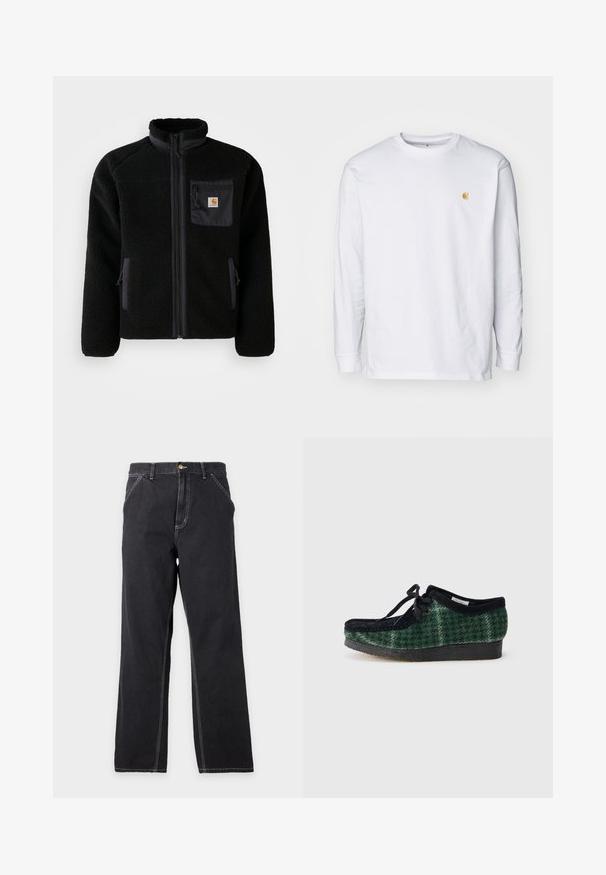 Schwarze Fleecejacke mit Reißverschluss vorne, hohem Kragen und strukturiertem Material. Verfügt über eine Brusttasche und seitliche Taschen mit Reißverschluss.; Weißes Langarm-T-Shirt aus Baumwolle. Mit kleinem goldenem Logo auf der Brust und Rundhalsausschnitt. Einfaches Design und normale Passform.; Schwarze Jeans mit geradem Bein, Vordertaschen, Gürtelschlaufen und sichtbaren weißen Nähten auf einfachem hellgrauem Hintergrund.; Grüne und schwarze gemusterte Schuhe mit einem Obermaterial aus Wildleder, runder Zehenform, Schnürsenkeln und einer strukturierten Gummisohle.