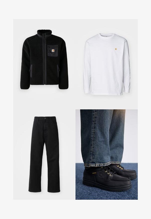 Sort fleecejakke med lynlås foran, høj krave og struktureret stof. Har en brystlomme og sidelommer med lynlåse.; Hvid langærmet t-shirt lavet af bomuld. Har et lille gyldent logo på brystet og en rund halsudskæring. Enkel design og standard pasform.; Sorte denimbukser med lige snit, der har frontlommer, lynlås og en enkelt knap i toppen. Struktureret stof med en mat finish.; Sorte lædersko med guldøjer og en struktureret finish, parret med blå denimjeans. Skoene har en lagdelt sål og brandingdetaljer.