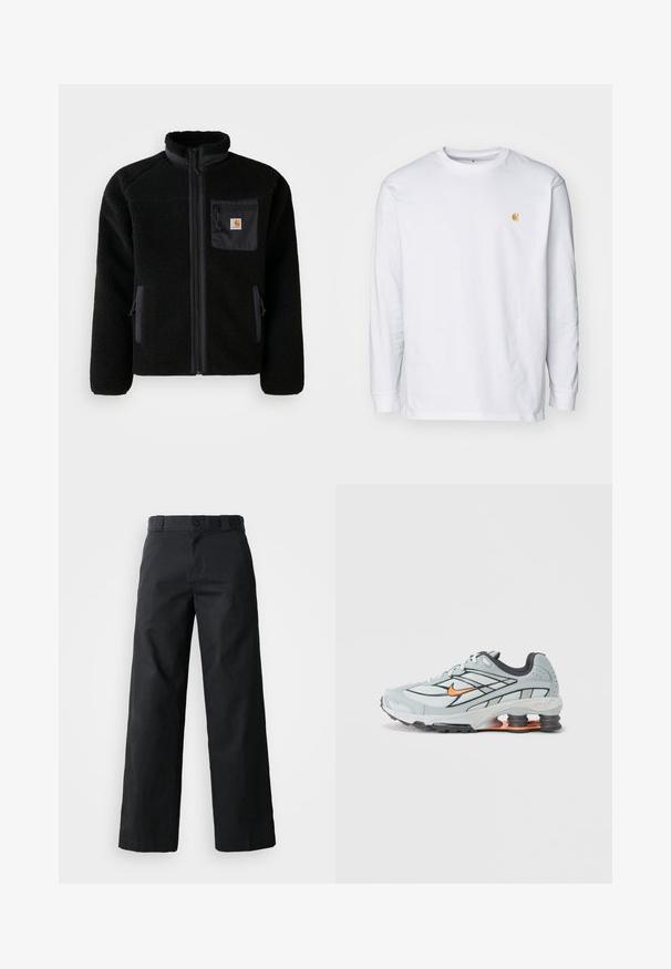 Schwarze Fleecejacke mit Reißverschluss vorne, hohem Kragen und strukturiertem Material. Verfügt über eine Brusttasche und seitliche Taschen mit Reißverschluss.; Weißes Langarm-T-Shirt aus Baumwolle. Mit kleinem goldenem Logo auf der Brust und Rundhalsausschnitt. Einfaches Design und normale Passform.; Schwarze weit geschnittene Baumwollhose. Verfügt über einen Knopfverschluss, Gürtelschlaufen und Seitentaschen. Glatte Textur mit tailliertem Schnitt.; Hellgrauer Laufschuh mit schwarzen Akzenten, orangefarbenem Logo, Mesh-Obermaterial, gepolstertem Schaft und Gummisohle mit sichtbaren stoßdämpfenden Einheiten.