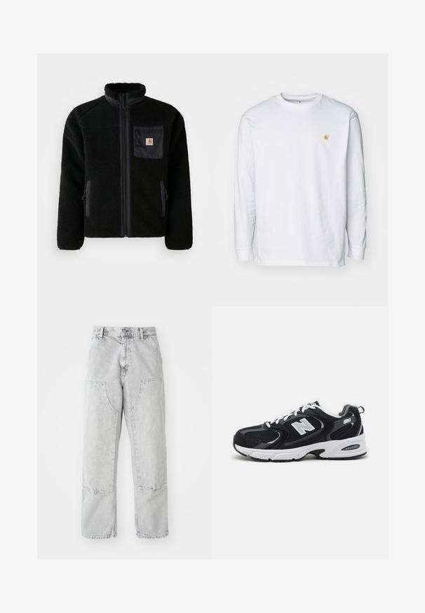 Schwarze Fleecejacke mit Reißverschluss vorne, hohem Kragen und strukturiertem Material. Verfügt über eine Brusttasche und seitliche Taschen mit Reißverschluss.; Weißes Langarm-T-Shirt aus Baumwolle. Mit kleinem goldenem Logo auf der Brust und Rundhalsausschnitt. Einfaches Design und normale Passform.; Hellgraue Jeanshose mit weitem Schnitt, großen Seitentaschen, sichtbaren Nähten und geradem Bein. Gürtelschlaufen an der Taille.; Schwarze und graue Sportschuhe mit Obermaterial aus Mesh und Wildleder, ausgestattet mit einer weißen Zwischensohle, Schnürsenkeln und einem markanten "N"-Logo an der Seite.