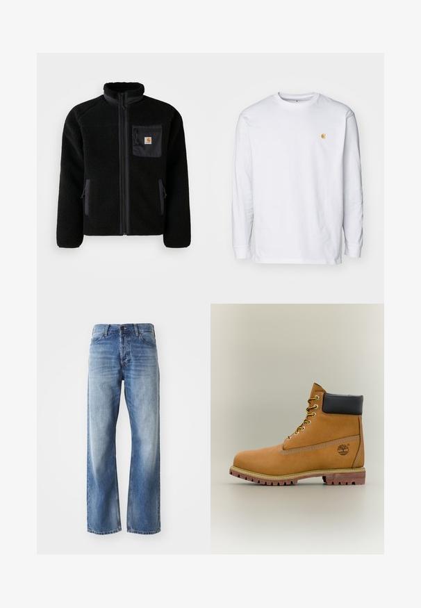 Schwarze Fleecejacke mit Reißverschluss vorne, hohem Kragen und strukturiertem Material. Verfügt über eine Brusttasche und seitliche Taschen mit Reißverschluss.; Weißes Langarm-T-Shirt aus Baumwolle. Mit kleinem goldenem Logo auf der Brust und Rundhalsausschnitt. Einfaches Design und normale Passform.; Blaue Jeans mit geradem Bein aus Denim, mit leichtem Verblassen an den Oberschenkeln und Knien, ausgestattet mit fünf Taschen und einem Knopfverschluss.; Brauner Leder-Stiefelette mit schwarzem Kragen, gelben Schnürsenkeln und hellbrauner Sohle. Verfügt über ein Logo und weiße Ziernähe. Robuste Profilsohle.