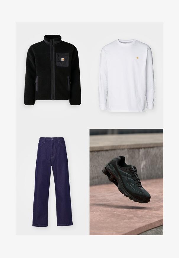 Schwarze Fleecejacke mit Reißverschluss vorne, hohem Kragen und strukturiertem Material. Verfügt über eine Brusttasche und seitliche Taschen mit Reißverschluss.; Weißes Langarm-T-Shirt aus Baumwolle. Mit kleinem goldenem Logo auf der Brust und Rundhalsausschnitt. Einfaches Design und normale Passform.; Dunkelblaue Denim-Hosen mit weitem Bein und hoher Taille, ausgestattet mit vorderen Taschen und einem Knopfverschluss, der eine glatte, strapazierfähige Textur zeigt.; Schwarzer athletischer Sneaker mit sichtbarer Air-Cushioning-Zwischensohle, der über einer rosa Steinoberfläche mit grauer Steinmauer im Hintergrund schwebt.