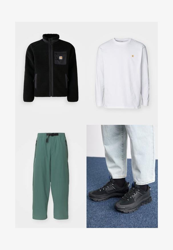 Schwarze Fleecejacke mit Reißverschluss vorne, hohem Kragen und strukturiertem Material. Verfügt über eine Brusttasche und seitliche Taschen mit Reißverschluss.; Weißes Langarm-T-Shirt aus Baumwolle. Mit kleinem goldenem Logo auf der Brust und Rundhalsausschnitt. Einfaches Design und normale Passform.; Grüne, leichte Hose mit lockerer Passform. Verfügt über einen verstellbaren Bund und zwei seitliche Reißverschlusstaschen. Glatte Textur, cropped Länge.; Schwarze Sportschuhe aus strukturiertem Stoff mit Gummisohlen, ausgestattet mit elastischen Schnürsenkeln und einem blauen Akzent an der Ferse. Getragen mit hellen Jeans.