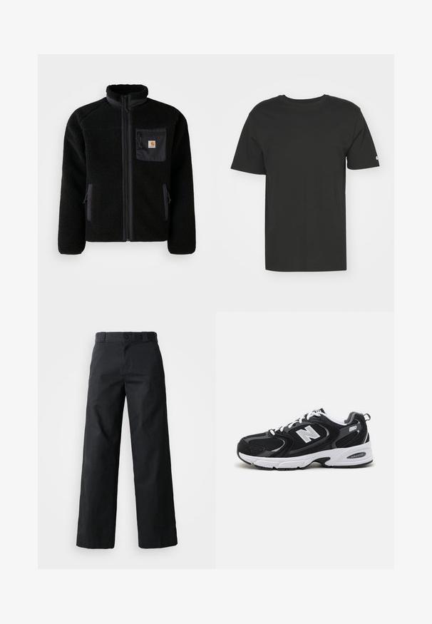 Schwarze Fleecejacke mit Reißverschluss vorne, hohem Kragen und strukturiertem Material. Verfügt über eine Brusttasche und seitliche Taschen mit Reißverschluss.; Schwarzes T-Shirt aus weicher Baumwolle, mit kurzen Ärmeln und Rundhalsausschnitt. Einfaches Design mit einem kleinen Logo auf dem linken Ärmel.; Schwarze weit geschnittene Baumwollhose. Verfügt über einen Knopfverschluss, Gürtelschlaufen und Seitentaschen. Glatte Textur mit tailliertem Schnitt.; Schwarze und graue Sportschuhe mit Obermaterial aus Mesh und Wildleder, ausgestattet mit einer weißen Zwischensohle, Schnürsenkeln und einem markanten "N"-Logo an der Seite.