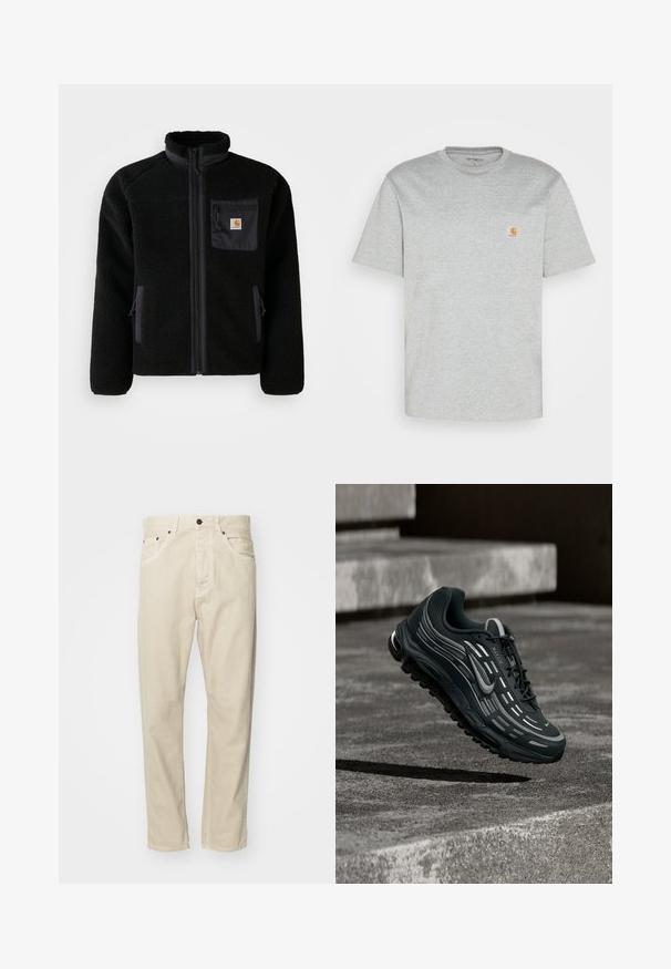 Sort fleecejakke med lynlås foran, høj krave og struktureret stof. Har en brystlomme og sidelommer med lynlåse.; Grå bomulds T-shirt med korte ærmer og rund halsudskæring. Har en lomme på venstre bryst og et lille mærkelogo i orange på lommen.; Beige, bomuldsbukser med lige pasform, fem lommer og metalhardware detaljer. Glat tekstur med minimale syninger.; Sort og grå Nike Air Max sneaker, der flyder over grå betontrin med tekstureret jordbaggrund.