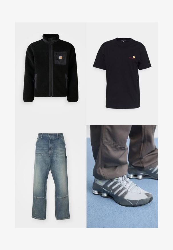 Schwarze Fleecejacke mit Reißverschluss vorne, hohem Kragen und strukturiertem Material. Verfügt über eine Brusttasche und seitliche Taschen mit Reißverschluss.; Schwarzes Baumwoll-T-Shirt mit kurzen Ärmeln, rundem Halsausschnitt und kleinem bunten Logo auf der linken Brust. Klassischer Schnitt mit glatter Textur.; Helle blaue Jeans mit lockerer Passform, aus Denim gefertigt. Merkmale sind weite Beine, große Fronttaschen und Kontrastnähte.; Graue und silberne Nike Shox Sneakers zeichnen sich durch ein schlankes Design aus, mit Netz- und Synthetikmaterialien, einer abgerundeten Zehenpartie und einem gepolsterten Schuhkragen.
