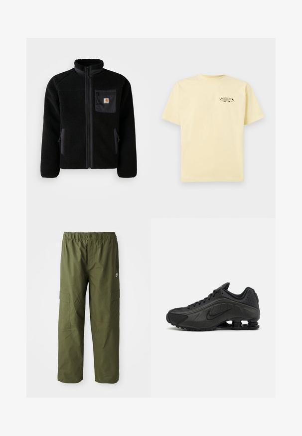 Musta fleece-takki vetoketjulla edessä, korkea kaulus ja teksturoitu kangas. Sisältää rintataskun ja sivutaskut vetoketjukiinnityksellä.; Keltainen puuvillapaita ly short-sleeve ja pyöreällä kaula-aukolla, jossa on painettu graafinen logo vasemmassa rintataskussa.; Nike cargo-housut tummanoliivin vihreänä, joissa on joustava vyötärö, kaksi sivutaskua ja sileä, kevyt kangas.; Mustat juoksukengät, joissa on sileä synteettinen päällinen, rei'itetyt yksityiskohdat, teksturoidut sivupaneelit ja erottuva joustava pohja.