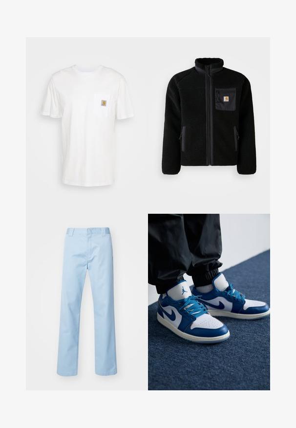 Schwarze Fleecejacke mit Reißverschluss vorne, hohem Kragen und strukturiertem Material. Verfügt über eine Brusttasche und seitliche Taschen mit Reißverschluss.; Weißes Baumwoll-T-Shirt mit kurzen Ärmeln, einer Brusttasche und einem kleinen quadratischen Logopatch in Orange und Weiß auf der Tasche.; Helleblau geradlinige Hose aus Baumwollmischgewebe. Verfügt über einen flachen Bund, Seitentaschen und keine sichtbaren Muster oder Verzierungen.; Die Nike Air Jordan Sneakers verfügen über eine weiße Lederbasis mit blauen synthetischen Akzenten, einer perforierten Zehenbox und blauen Schnürsenkeln.