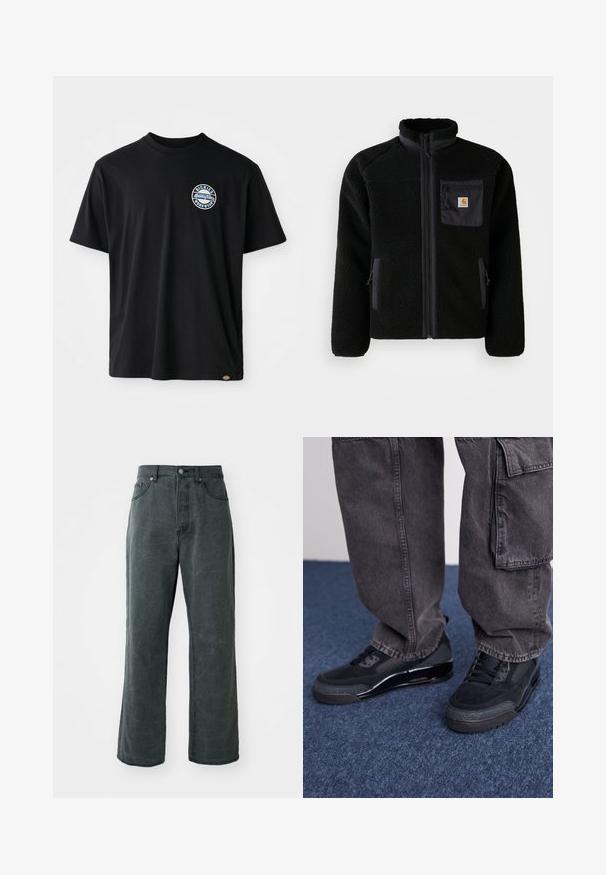 Veste en polaire noire avec fermeture éclair à l'avant, col haut et tissu texturé. Elle dispose d'une poche sur la poitrine et de poches latérales avec fermetures éclair.; T-shirt en coton noir avec un logo rond sur la poitrine. Manches courtes et col rond avec une coupe droite au bas.; Jean en denim gris foncé à jambes larges, doté d'une taille haute, d'un design à cinq poches et d'une texture légèrement délavée.; Des chaussures de sport noires avec une surface texturée, des accents lisses et une semelle épaisse, accompagnées de pantalons cargo larges et foncés.