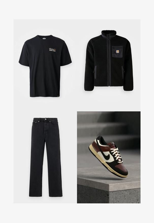 Sort fleecejakke med lynlås foran, høj krave og struktureret stof. Har en brystlomme og sidelommer med lynlåse.; Sort bomulds t-shirt med korte ærmer. Udstyret med et broderet logo "Dickies Donut House" på venstre brystområde. Klassisk crew neck-design.; Sorte denim straight-leg jeans med høj talje, fem lommer og metalknaplukning. Stof har en glat tekstur og let glans.; Low-top Nike sneaker i sort, brun, hvid og creme, placeret i luften over en betonafdækning med trapper i en sløret baggrund.