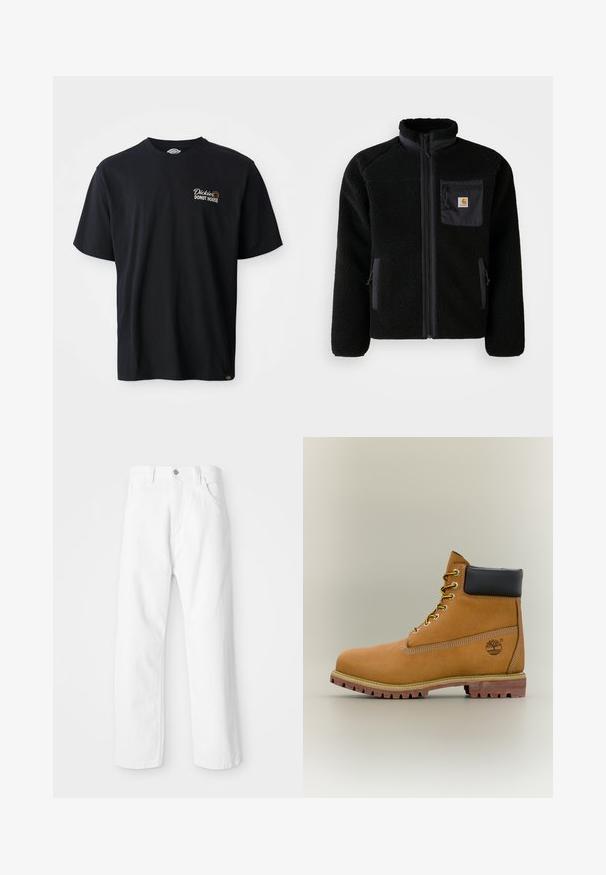 Zwarte fleecejack met een ritssluiting aan de voorkant, hoge kraag en textielstructuur. Voorzien van een borstzak en zijzakken met ritssluitingen.; Zwarte katoenen T-shirt met korte mouwen. Bevat een geborduurd logo "Dickies Donut House" op de linker borst. Klassiek crew neck ontwerp.; Witte denim broek met een rechte pijpdesign, voorzien van een sluiting met een voorknoop en ritssluiting, vijf zakken en een schone, gestructureerde afwerking.; Bruine leren enkellaars met zwarte kraag, gele veters en een zandkleurige zool. Voorzien van een logo en witte stikseldetails. Robuuste loopzool met grip.