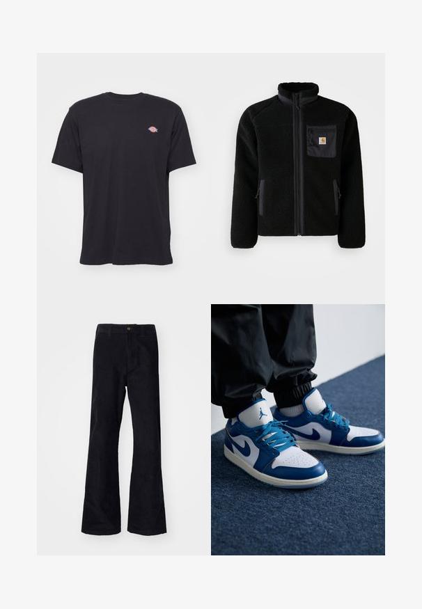 Sort fleecejakke med lynlås foran, høj krave og struktureret stof. Har en brystlomme og sidelommer med lynlåse.; Sort kortærmet t-shirt med rund hals og et lille farverigt Dickies-logo på venstre bryst mod en ensfarvet baggrund.; Sorte, bomuldsforlængede bukser med en traditionel linning, enkelt forreste knap og lommer på siderne og bagpå. Glat tekstur.; Nike Air Jordan sneakers har en hvid læderbase med blå syntetiske detaljer, en perforeret tåboks og blå snørebånd.