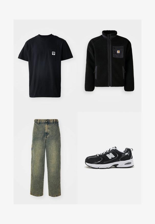 Schwarze Fleecejacke mit Reißverschluss vorne, hohem Kragen und strukturiertem Material. Verfügt über eine Brusttasche und seitliche Taschen mit Reißverschluss.; Schwarzes Baumwoll-T-Shirt mit Rundhalsausschnitt, kurzen Ärmeln und einer linken Brusttasche, die ein herzförmiges Logo in Weiß zeigt.; Baggy-Jeans aus Denim in einer verblassten Blauen und Grünen Waschung. Mit Knopfverschluss, Gürtelschlaufen und Seitentaschen. Flaches Vorderteil und gerades Bein-Design.; Schwarze und graue Sportschuhe mit Obermaterial aus Mesh und Wildleder, ausgestattet mit einer weißen Zwischensohle, Schnürsenkeln und einem markanten "N"-Logo an der Seite.