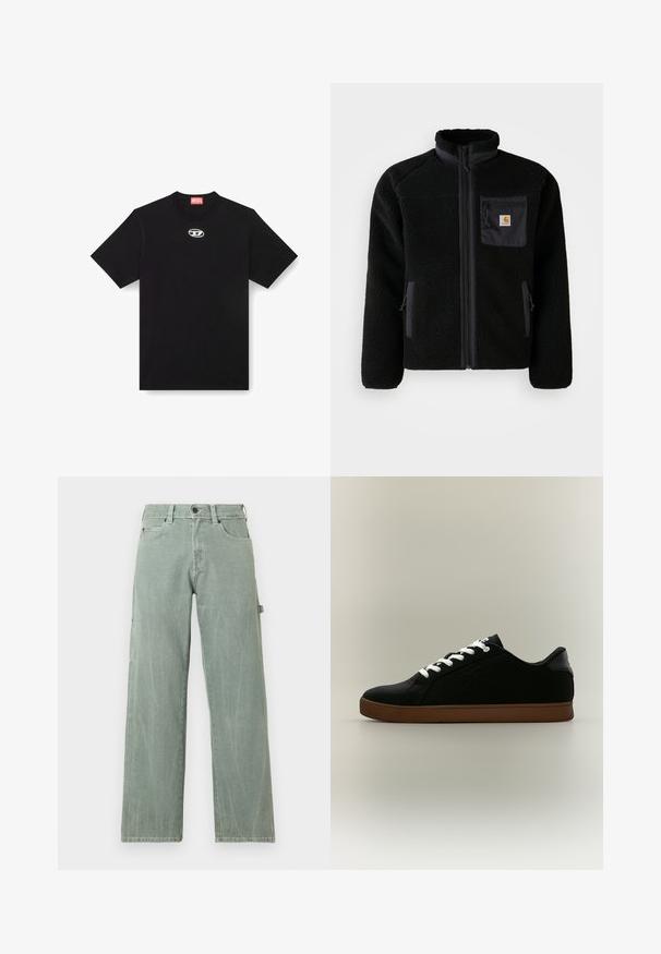 Schwarze Fleecejacke mit Reißverschluss vorne, hohem Kragen und strukturiertem Material. Verfügt über eine Brusttasche und seitliche Taschen mit Reißverschluss.; Schwarzes Baumwoll-T-Shirt mit Rundhalsausschnitt und kurzen Ärmeln. Enthält ein kleines, silbernes Logo, das in der Mitte vorne gestickt ist.; Hellgrüne Jeans mit weitem Bein aus Denim, versehen mit einem klassischen Fünf-Taschen-Design und dezenten Used-Details.; Schwarzer Low-Top-Sneaker mit weißen Schnürsenkeln und brauner Sohle, von der linken Seite auf neutral beigem Hintergrund gezeigt.