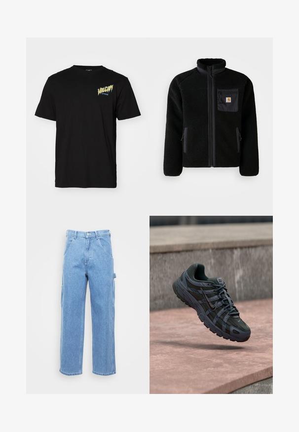 Black fleece jacket with a zip front, high collar, and textured fabric. Features a chest pocket and side pockets with zip closures.; Black cotton t-shirt with short sleeves, round neckline, features a graphic print in blue and yellow on the left chest.; Light blue denim cargo pants with straight leg, front pockets, and side cargo pockets. Fabric texture is smooth with a slightly faded finish.; Dark gray Nike running shoe with mesh and synthetic design, hovering above a pinkish concrete surface with a gray stone background.
