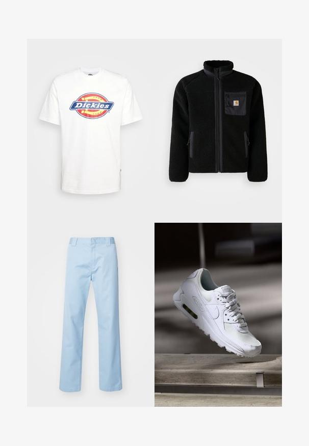 Sort fleecejakke med lynlås foran, høj krave og struktureret stof. Har en brystlomme og sidelommer med lynlåse.; Hvid bomulds t-shirt med et blåt og rødt cirkulært "Dickies" logo i midten. Korte ærmer og rund hals design.; Lyseblå lige bukser lavet af en blanding af bomuldsstof. Har en flad frontlinning, sidelommer og ingen synlige mønstre eller udsmykninger.; Hvide Nike Air Max 90 sneakers med en overdel i mesh og læder, perforeret tåboks og en synlig luftenhed i hælen.