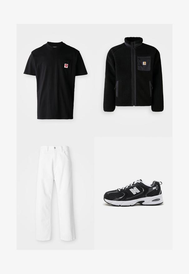 Schwarze Fleecejacke mit Reißverschluss vorne, hohem Kragen und strukturiertem Material. Verfügt über eine Brusttasche und seitliche Taschen mit Reißverschluss.; Schwarzes Baumwoll-T-Shirt mit rundem Halsausschnitt, kurzen Ärmeln und einer linken Brusttasche, die mit einem roten Herz-Patch und weißem Text versehen ist.; Weiße Denim-Hosen mit geradem Bein, ausgestattet mit einem Frontknopf und einem Reißverschluss, fünf Taschen und einem sauberen, strukturierten Finish.; Schwarze und graue Sportschuhe mit Obermaterial aus Mesh und Wildleder, ausgestattet mit einer weißen Zwischensohle, Schnürsenkeln und einem markanten "N"-Logo an der Seite.