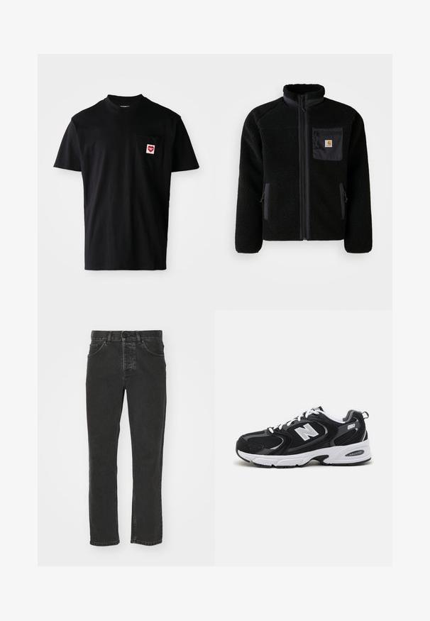 Schwarze Fleecejacke mit Reißverschluss vorne, hohem Kragen und strukturiertem Material. Verfügt über eine Brusttasche und seitliche Taschen mit Reißverschluss.; Schwarzes Baumwoll-T-Shirt mit rundem Halsausschnitt, kurzen Ärmeln und einer linken Brusttasche, die mit einem roten Herz-Patch und weißem Text versehen ist.; Schwarze Jeans aus Denim mit geradem Bein, klassischem Fünf-Taschen-Design, Knopfverschluss und verblasster Optik. Angenehme Textur, keine sichtbaren Muster.; Schwarze und graue Sportschuhe mit Obermaterial aus Mesh und Wildleder, ausgestattet mit einer weißen Zwischensohle, Schnürsenkeln und einem markanten "N"-Logo an der Seite.