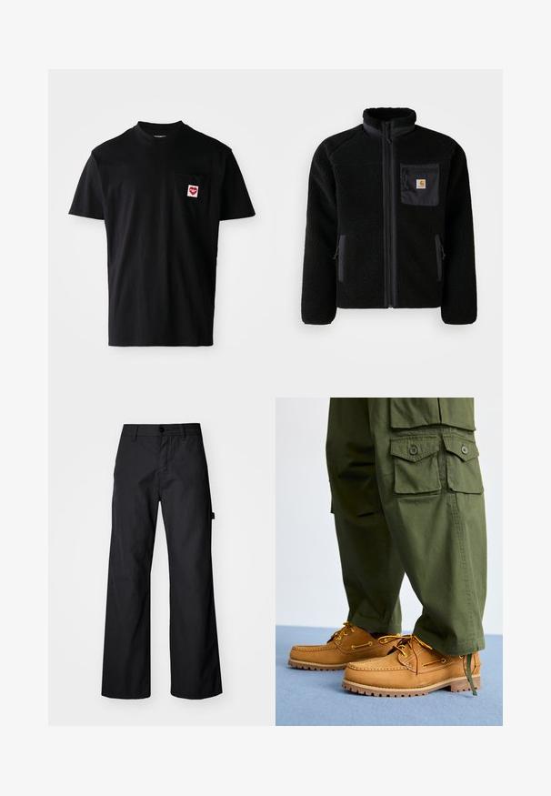Schwarze Fleecejacke mit Reißverschluss vorne, hohem Kragen und strukturiertem Material. Verfügt über eine Brusttasche und seitliche Taschen mit Reißverschluss.; Schwarzes Baumwoll-T-Shirt mit rundem Halsausschnitt, kurzen Ärmeln und einer linken Brusttasche, die mit einem roten Herz-Patch und weißem Text versehen ist.; Schwarze, weite Hosen aus robustem Stoff. Verfügt über einen Knopfverschluss und Seitentaschen. Glatte Textur mit einem schlichten Design.; Timberland AUTHENTIC 3 EYE - Bootsschuh - wheat