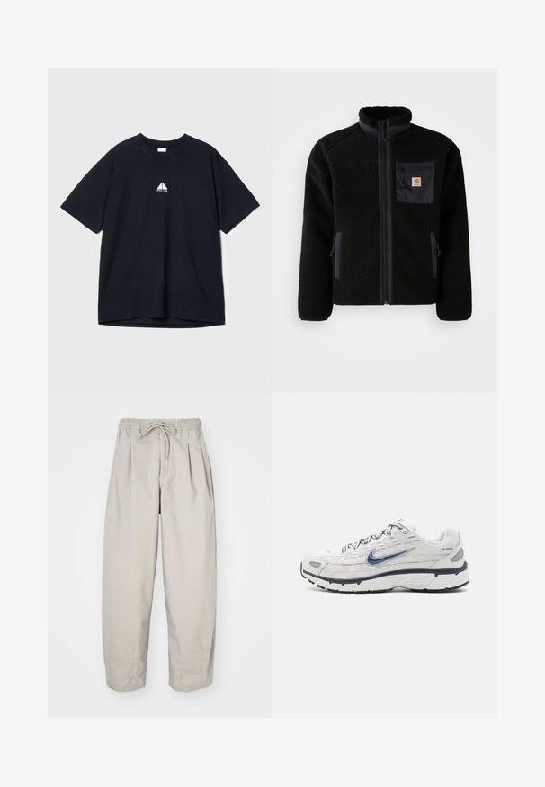 Veste en polaire noire avec fermeture éclair à l'avant, col haut et tissu texturé. Elle dispose d'une poche sur la poitrine et de poches latérales avec fermetures éclair.; T-shirt en coton noir avec un col rond, des manches courtes et un petit logo graphique blanc sur la poitrine. Texture douce, coupe décontractée.; Pantalons beiges légers avec une taille élastique et un cordon de serrage. Caractéristiques : plis et coupe décontractée, fabriqués à partir d'un tissu doux et lisse.; Nike Sportswear P-6000 - Baskets basses - phantom/obsidian/summit white/white/black/metallic silver