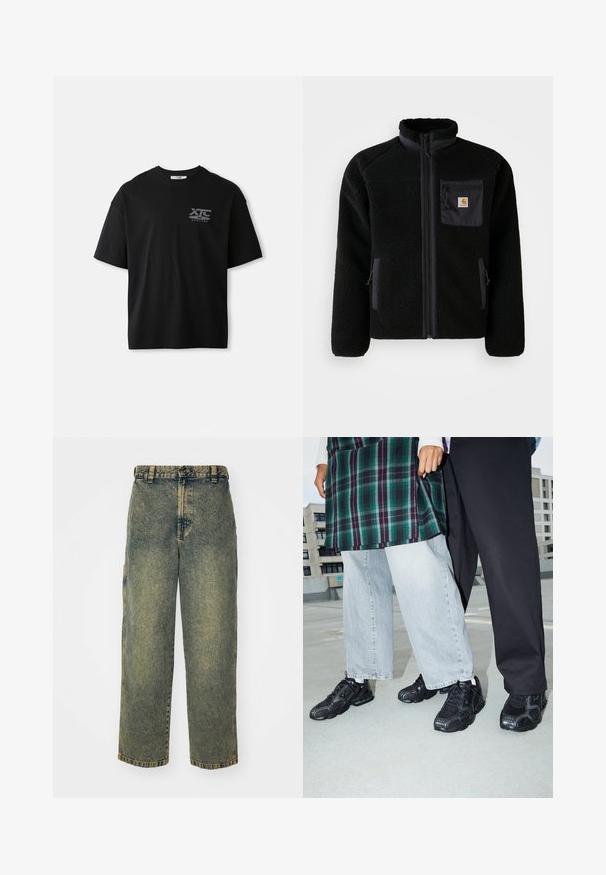 Veste en polaire noire avec fermeture éclair à l'avant, col haut et tissu texturé. Elle dispose d'une poche sur la poitrine et de poches latérales avec fermetures éclair.; T-shirt noir à manches courtes en coton avec un col rond et un logo blanc "XTC VERTERE" sur la partie gauche de la poitrine. Texture lisse.; Jeans en denim ample avec un délavage bleu et vert. Comprend une fermeture à bouton, des passants de ceinture et des poches latérales. Pas de pli à l'avant et design à jambe droite.; Baskets de sport noires avec des accents en mesh et en caoutchouc. Portées avec un jean large gris clair et un haut à carreaux vert. Fond à surface plane.