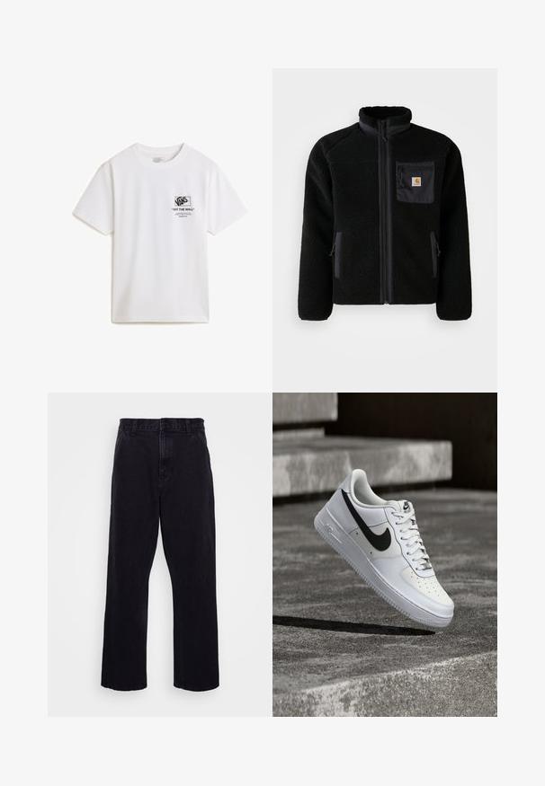Sort fleecejakke med lynlås foran, høj krave og struktureret stof. Har en brystlomme og sidelommer med lynlåse.; Hvid bomulds T-shirt med korte ærmer, der har et sort grafisk print på venstre side, som inkluderer Vans-logoet og tekstdetaljer.; Sorte denimbukser med lige ben, der har en knap- og lynlåslukning, bæltestropper og minimale syninger.; Hvid Nike Air Force 1-sneaker med sort swoosh, snørebånd bundet, placeret i luften over tekstureret betonoverflade udendørs.