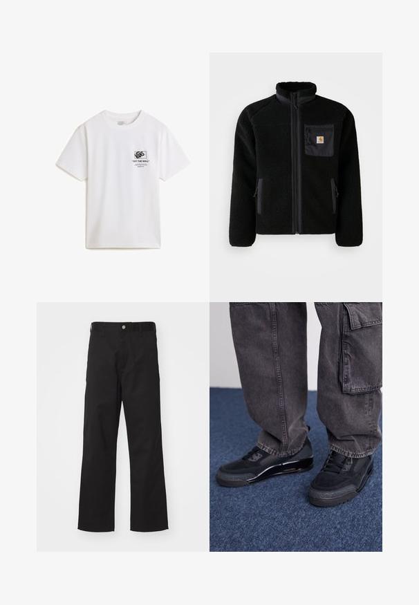 Sort fleecejakke med lynlås foran, høj krave og struktureret stof. Har en brystlomme og sidelommer med lynlåse.; Hvid bomulds T-shirt med korte ærmer, der har et sort grafisk print på venstre side, som inkluderer Vans-logoet og tekstdetaljer.; Sorte bukser lavet af slidstærkt stof med lige pasform, der har knaplukning foran, bæltestropper og ingen synlige mønstre eller accenter.; Sorte sportsko med en struktureret overflade, glatte detaljer og en kraftig sål, der er parret med mørke, løstsiddende cargo-bukser.