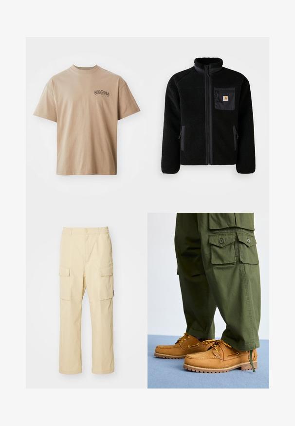 Schwarze Fleecejacke mit Reißverschluss vorne, hohem Kragen und strukturiertem Material. Verfügt über eine Brusttasche und seitliche Taschen mit Reißverschluss.; Beige Baumwoll-T-Shirt mit kurzen Ärmeln und Rundhalsausschnitt. Auf der linken Brust befindet sich ein schwarzer "DICKIES"-Aufdruck. Klassische Passform und glatte Textur.; Beige Cargo-Hosen aus Stoff mit einem elastischen Bund und Knopfverschluss. Verfügt über zwei seitliche Taschen und ein schlichtes Design.; Timberland AUTHENTIC 3 EYE - Bootsschuh - wheat
