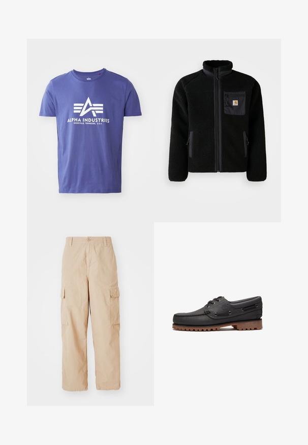 Sort fleecejakke med lynlås foran, høj krave og struktureret stof. Har en brystlomme og sidelommer med lynlåse.; Lilla bomulds T-shirt med korte ærmer, der har et hvidt logo, som inkluderer "ALPHA INDUSTRIES" og et geometrisk design.; Beige cargo bukser med afslappet pasform, lavet af letvægtsstof, med to sidelommer og en knaplukning i taljen.; Sort læder bådsko med snøredetaljer, rund tå, struktureret brun gummisål og sydd læderside.