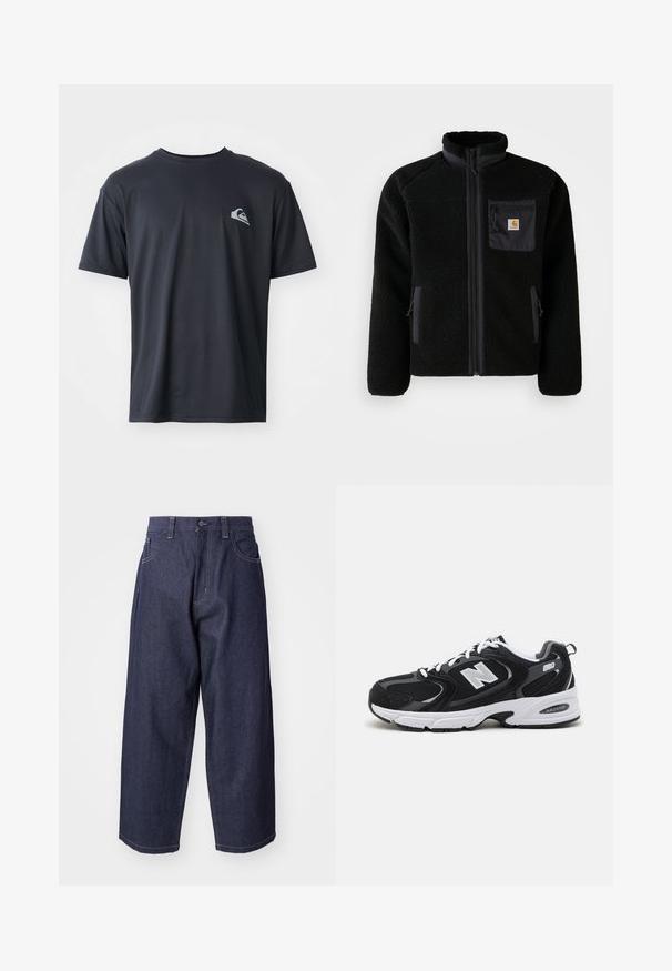 Schwarze Fleecejacke mit Reißverschluss vorne, hohem Kragen und strukturiertem Material. Verfügt über eine Brusttasche und seitliche Taschen mit Reißverschluss.; Schwarzes T-Shirt mit kurzen Ärmeln aus einem glatten Stoff, mit einem kleinen weißen Logo auf der linken Brustseite. Reguläre Passform mit Rundhalsausschnitt.; Dunkelblaue Denim-Jeans mit einem lockeren, weiten Schnitt. Zu den Merkmalen gehören ein Knopfverschluss, Fronttaschen und sichtbare Nähte.; Schwarze und graue Sportschuhe mit Obermaterial aus Mesh und Wildleder, ausgestattet mit einer weißen Zwischensohle, Schnürsenkeln und einem markanten "N"-Logo an der Seite.