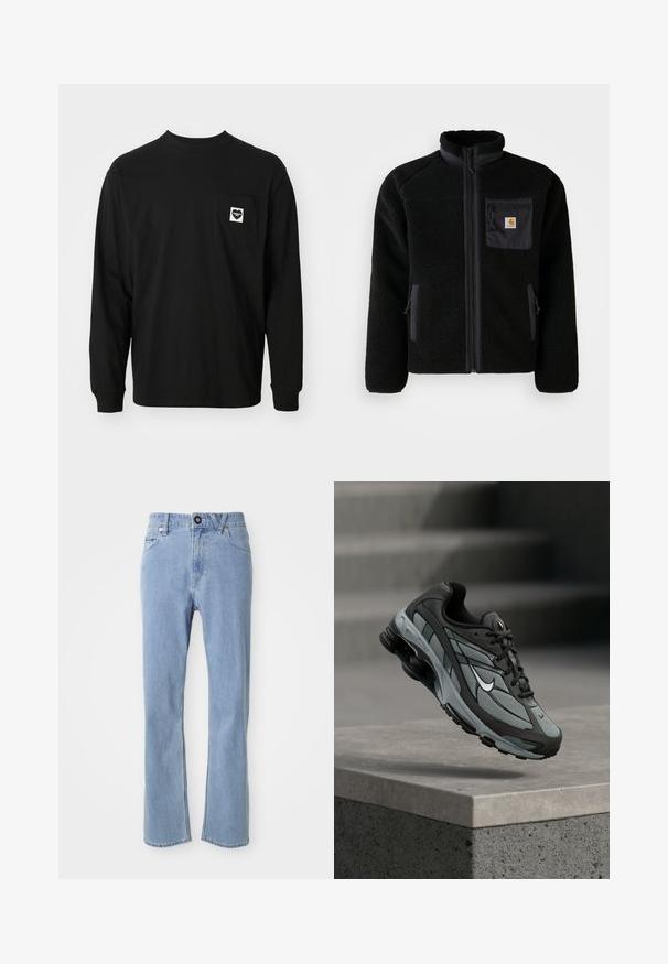 Sort fleecejakke med lynlås foran, høj krave og struktureret stof. Har en brystlomme og sidelommer med lynlåse.; Sort langærmet t-shirt lavet af bomuld, med en rund halsudskæring og en brystlomme med et hjerte-logo og tekst.; Lyseblå denim jeans med lige ben design, fem lomme stil, enkelt knaplukning og diskret falmning.; Grå og sort atletiksko med meshpaneler og tyk sål, placeret i luften over en betonliste med trapper i baggrunden.