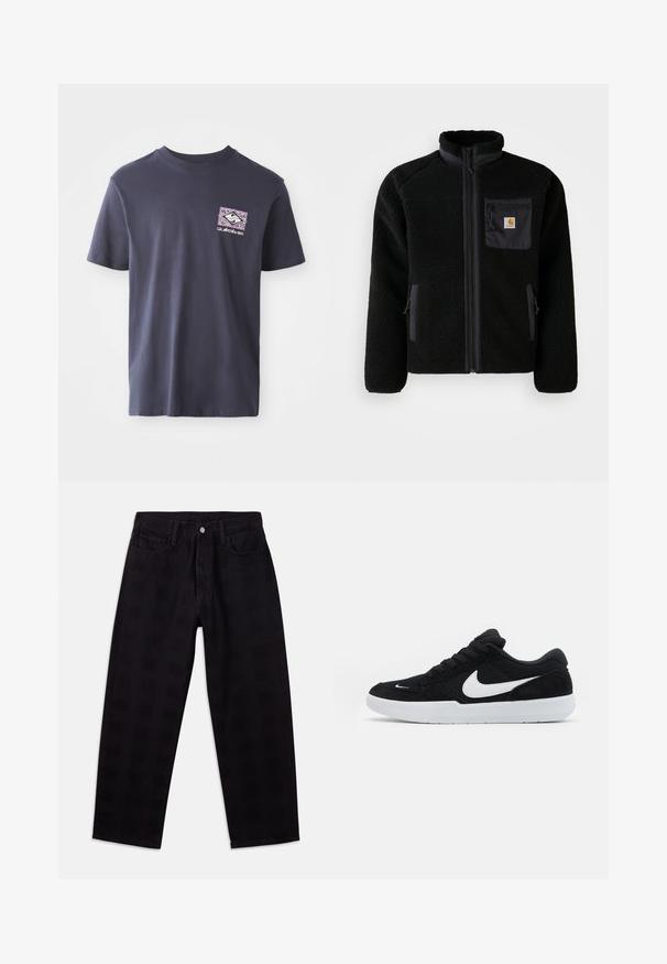 Schwarze Fleecejacke mit Reißverschluss vorne, hohem Kragen und strukturiertem Material. Verfügt über eine Brusttasche und seitliche Taschen mit Reißverschluss.; Marineblaue Baumwoll-T-Shirt mit Rundhalsausschnitt und kurzen Ärmeln. Mit einem geometrischen Grafikdruck in Lila und Weiß auf der linken Brust.; Schwarze Jeans aus Denim mit lockerem Schnitt, ausgestattet mit Knopfverschluss, Fünf-Taschen-Design und dezentem, strukturiertem Muster im Stoff.; Schwarze Wildledersneaker mit weißen Akzenten, runder Zehenform, dicker weißer Sohle und schwarzen Schnürsenkeln. Auffälliges weißes Nike-Logo an der Seite.