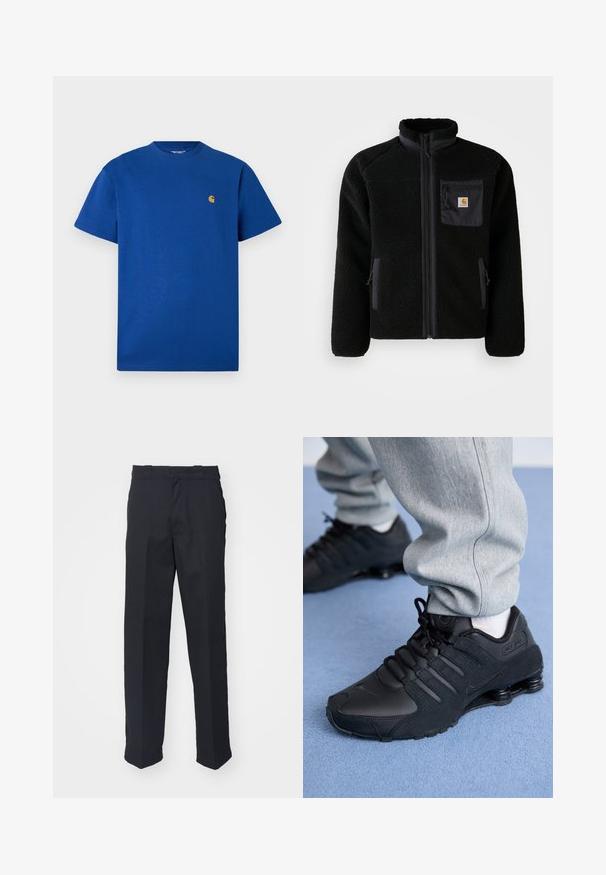 Zwarte fleecejack met een ritssluiting aan de voorkant, hoge kraag en textielstructuur. Voorzien van een borstzak en zijzakken met ritssluitingen.; Blauwe katoenen t-shirt met een ronde hals, korte mouwen en een klein gouden logo op de borst. Gladde structuur en een casual pasvorm.; Zwarte op maat gemaakte broek met rechte pijpen, gemaakt van gladde stof, met een tailleband met lussen en zonder zichtbare patronen of hardware.; Persoon in zwarte Nike Shox sneakers en een grijze joggingbroek staand op een lichtblauw tapijt.