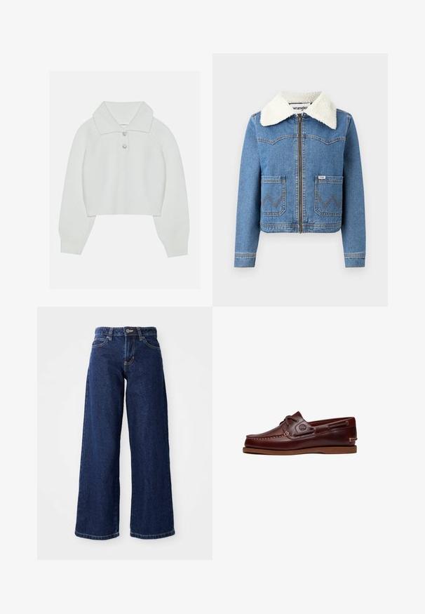 Džínová bunda so zipsom vpredu, svetlomodrej farby, s umelým ovčím golierom, dvoma prednými vreckami s cik-cak šitím a detailom loga Wrangler.; Biely skrátený sveter s rebrovanou textúrou, veľkým golierom a tromi dekoratívnymi gombíkmi na výstrihu. Dlhé rukávy s rebrovanými manžetami.; Tmavomodré široké džínsy vyrobené z denimu, s uzáverom na gombík a zips, pútkami na opasok a klasickým dizajnom s piatimi vreckami.; Hnedá kožená lodná topánka so šnúrkami, detailmi stehov a logom Timberland na boku, zobrazená na bielom pozadí.