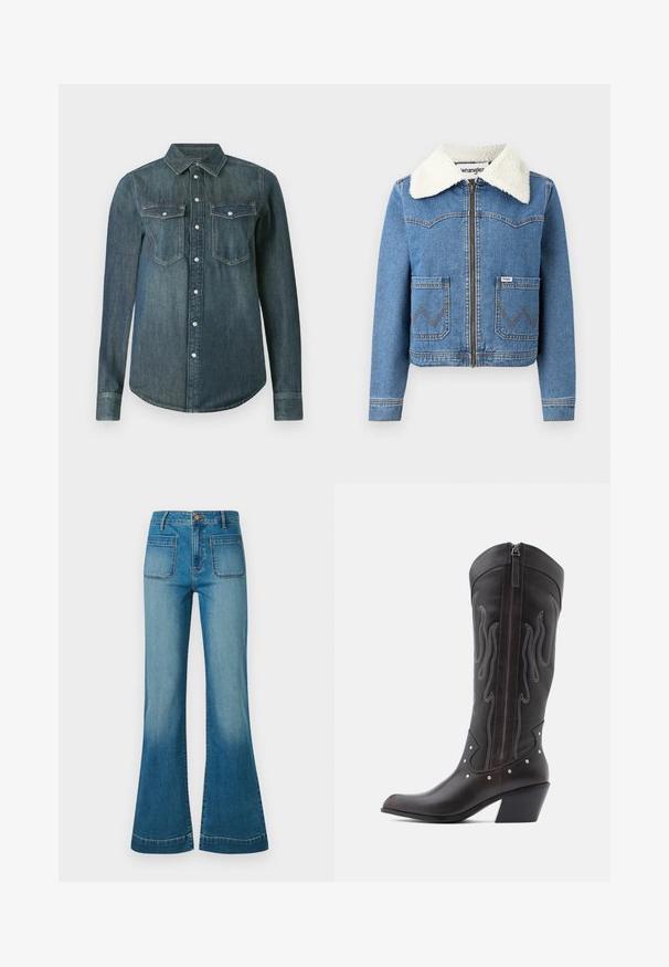 Džínová bunda so zipsom vpredu, svetlomodrej farby, s umelým ovčím golierom, dvoma prednými vreckami s cik-cak šitím a detailom loga Wrangler.; Tmavomodrá rifľová košeľa s dlhým rukávom, zapínaná na gombíky a s dvoma náprsnými vreckami s chlopňami a gombíkmi.; Modré džínsy s vysokým pásom, prednými vreckami na nášivky a rozšírenými nohavicami, ktoré majú zapínanie na gombík a zips.; Hnedé kožené kovbojské čižmy s výšivkou v tvare plameňov, bočným zipsom, striebornými nitmi, špicatou špičkou a vystuženým opätkom.