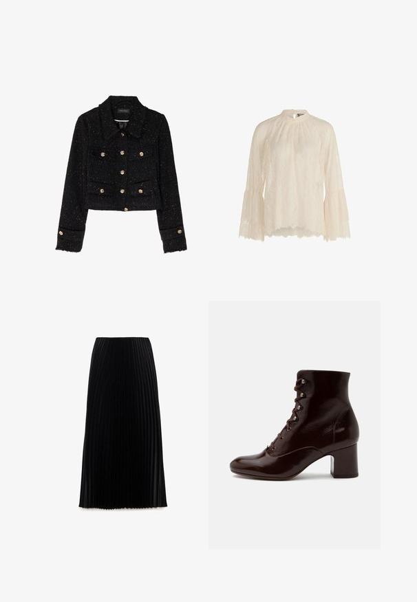 Anna Field by Zalando Veste légère - black; Blouse en dentelle crème à manches longues avec col haut et poignets évasés, dotée d'un ourlet festonné et d'un motif floral délicat.; Jupe plissée noire avec une taille ajustée et un design longueur sol. Fabriquée en tissu léger avec une texture lisse.; Bottine marron foncé à forte brillance avec laçage devant, œillets métalliques et talon bloc sur fond blanc.