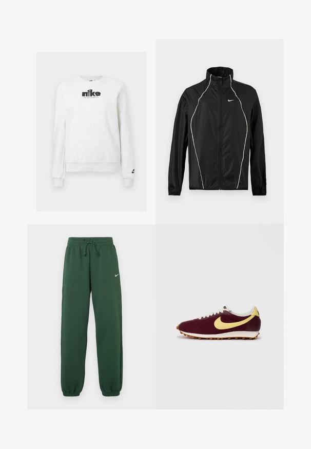 Μαύρο μπουφάν Nike με ολόκληρο φερμουάρ, ψηλό γιακά, μακριά μανίκια και λευκές ανακλαστικές λεπτομέρειες εμπρός και στους ώμους.; Λευκό μακρυμάνικο φούτερ Nike με μαύρο λογότυπο Nike Sportswear στο στήθος και μικρότερο λογότυπο στην μανσέτα του αριστερού μανικιού.; Σκούρα πράσινη φόρμα κατασκευασμένη από μαλακό ύφασμα, με ελαστική μέση που έχει κορδόνι και στενές μανσέτες. Μικρό λευκό λογότυπο στο μπροστινό μέρος.; Μαρόν αθλητικά παπουτσάκια με κίτρινο swoosh, άσπρες κορδόνες και κλασική υφή υφάσματος στην πάνω επιφάνεια. Σόλα από καουτσούκ με ραβδωτό σχέδιο. Κλασικός σχεδιασμός αθλητικού παπουτσιού.