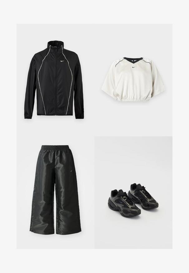 Schwarze Nike-Jacke mit durchgehendem Reißverschluss, hohem Kragen, langen Ärmeln und weißen reflektierenden Paspeln an Vorderseite und Schultern.; Weißes kurzes Sporttop mit schwarzer V-Ausschnitt-Einfassung, elastischem Bund, kurzen weiten Ärmeln und kleinem schwarzem Nike-Logo vorne in der Mitte.; Schwarze Sporthose aus glänzendem, glattem Stoff, mit einem elastischen Bund, weitem Bein und einem kleinen Logo auf der linken Seite.; Schwarze Sportschuhe aus synthetischem Material mit Mesh-Akzenten und abgerundeten Sohlen. Verfügt über ein Schnürsystem und ein prominentes Nike-Logo auf der Zunge.
