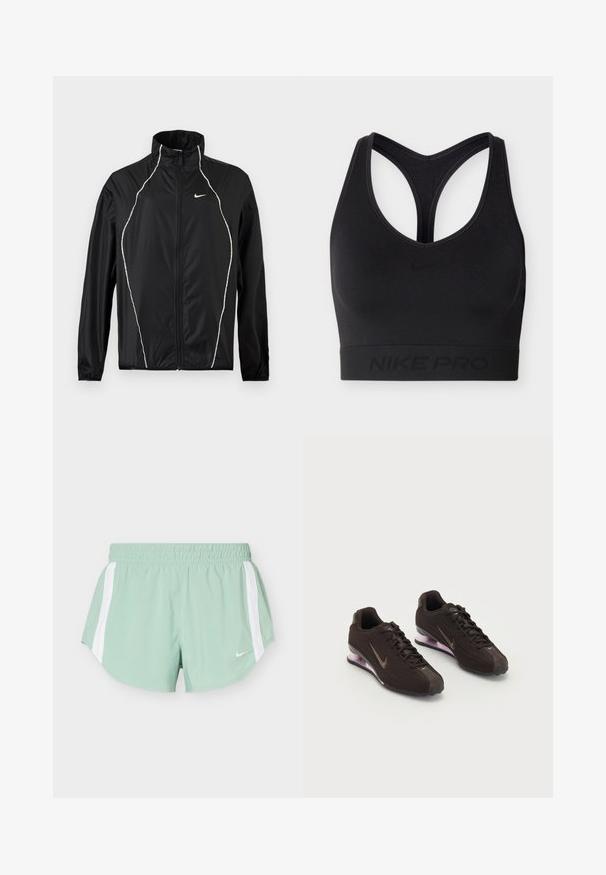 Geacă neagră Nike cu fermoar complet, gulere înalt, mâneci lungi și piping reflectorizant alb pe partea din față și pe umeri.; Sutien sport negru Nike Pro cu design racerback și bandă elastică la baza pieptului, cu logo și brand subtil Nike.; Pantaloni scurți atletici verde deschis cu dungi laterale albe și talie elastică, având un mic logo alb Nike în față.; Pantofi sport negri cu un superior texturat, accente maro și o talpă cu aer comprimat de culoare mov. Design cu șireturi și branding proeminent.