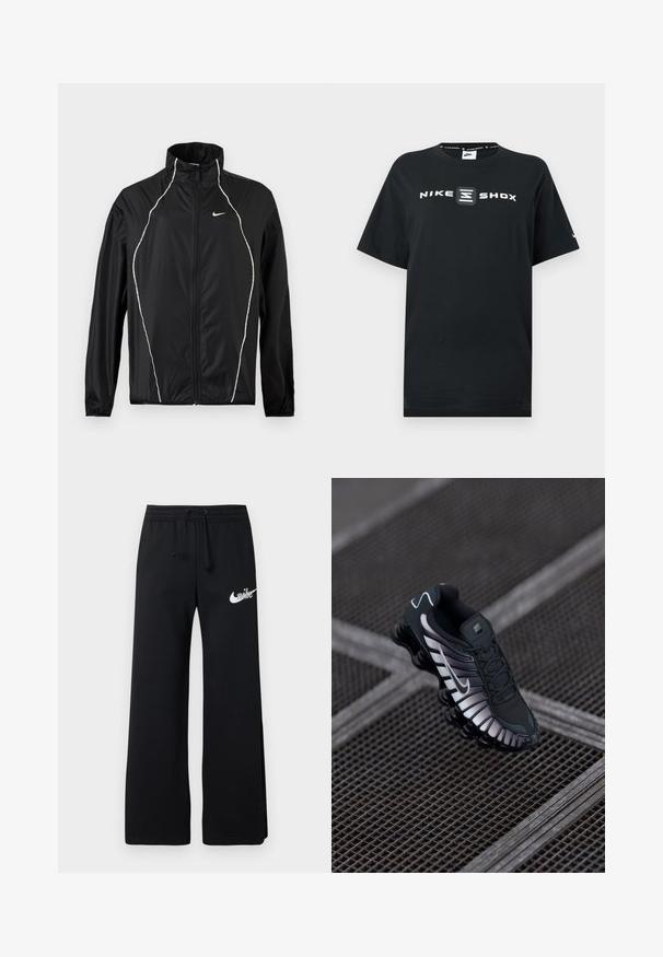 Chaqueta negra de Nike con cremallera completa, cuello alto, mangas largas y ribete reflectante blanco en la parte delantera y los hombros.; Camiseta negra de Nike con los logotipos "NIKE" y "SHOX" en blanco en la parte delantera. Diseño de cuello redondo, mangas cortas y corte holgado.; Pantalones de chándal negros de material suave, con una cintura elástica con cordón y un logo blanco de Nike en el lado izquierdo.; Zapatilla deportiva negra con parte superior de malla texturizada, acentos plateados, soporte para el arco y suela acolchada con un diseño segmentado distintivo.