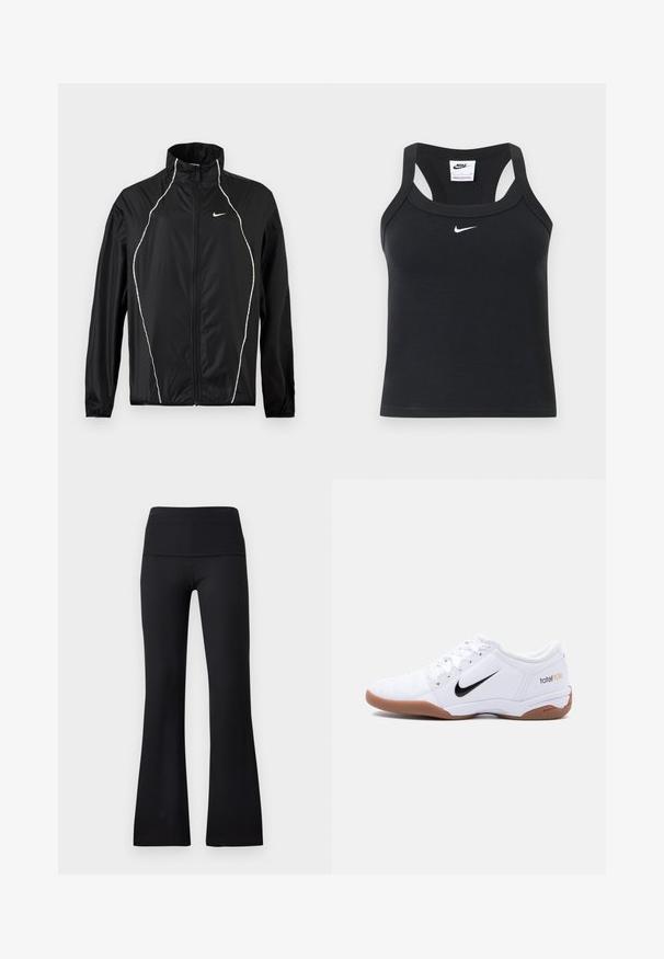 Μαύρο μπουφάν Nike με ολόκληρο φερμουάρ, ψηλό γιακά, μακριά μανίκια και λευκές ανακλαστικές λεπτομέρειες εμπρός και στους ώμους.; Μαύρο ριμπ crop top Nike με racerback και λευκό λογότυπο Nike swoosh κεντραρισμένο κάτω από το λαιμόκοψη.; Μαύροι ριμπ κολάν με καμπάνα και φαρδύ λάστιχο στη μέση, με ομαλή υφή και χωρίς ορατό μεταλλικό εξάρτημα ή σχέδια.; Άσπρο παπούτσι ποδοσφαίρου Nike Total 90 III για εσωτερικούς χώρους με μαύρο λογότυπο Swoosh και καφέ σόλα, εμφανιζόμενο από το πλάι σε απλό φόντο.