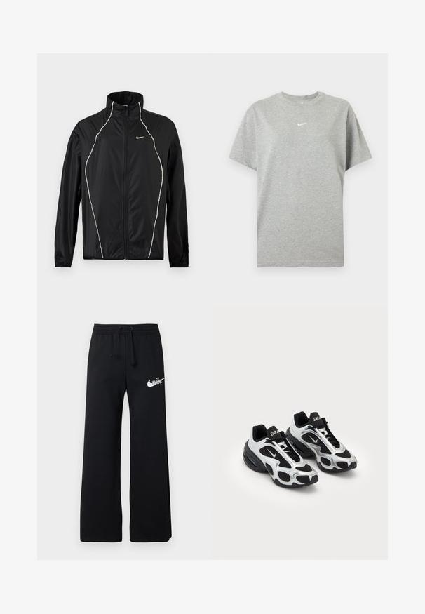 Čierna bunda Nike so zapínaním na celý zips, vysokým golierom, dlhými rukávmi a bielym reflexným lemovaním vpredu a na ramenách.; Šedé bavlnené tričko s krátkym rukávom, okrúhlym výstrihom a malým bielym logom Nike swoosh v strede na hrudi.; Čierne tepláky z jemného materiálu s elastickým pásom so šnúrkou a bielym logom Nike na ľavej strane.; Čierne a strieborné športové topánky s vrchnou časťou z sieťoviny a syntetických materiálov, ktorá sa vyznačuje výrazným vlnitým dizajnom a polstrovaným golierom, so vzduchovým odpružením v podrážke.